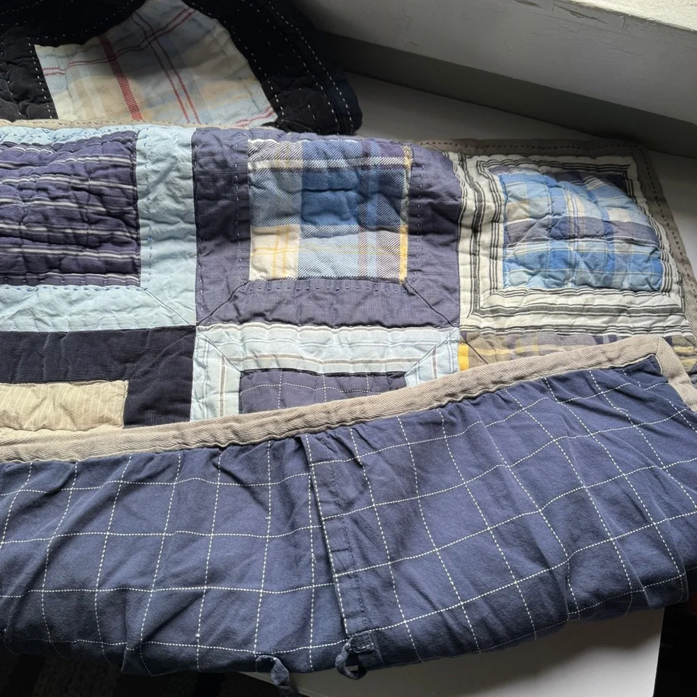 Pottery Barn Kids Quilted Pillowcase Shams Set Blue Red Plaid Patchwork Cotton